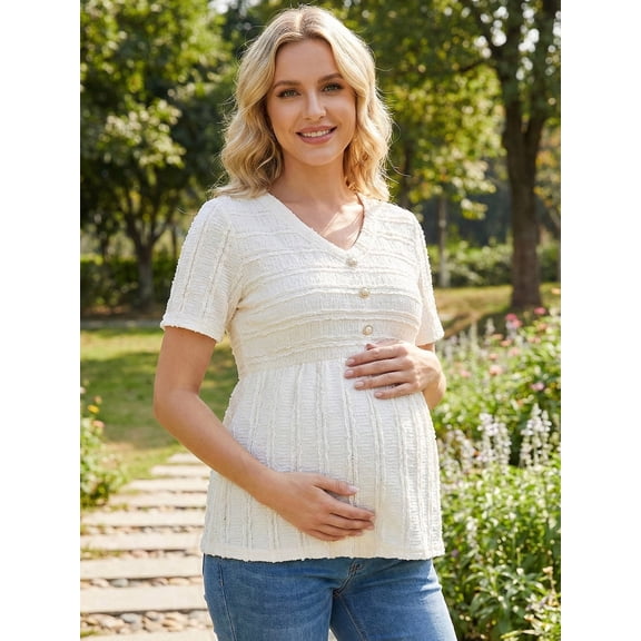 Bearsland Women's Maternity Clothes Embellished Lace Ruffle Top V-neck Short Sleeve Pregnancy Blouse
