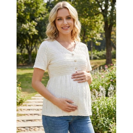 Bearsland Women's Maternity Clothes Embellished Lace Ruffle Top V-neck Short Sleeve Pregnancy Blouse
