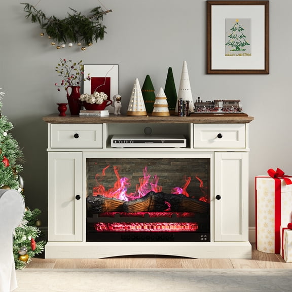 Electric Fireplace TV Stand for TVs up to 55 in, Media Console with Adjustable Shelves and Flip-Door Cabinets, 47 in Entertainment Center for Living Room or Bedroom