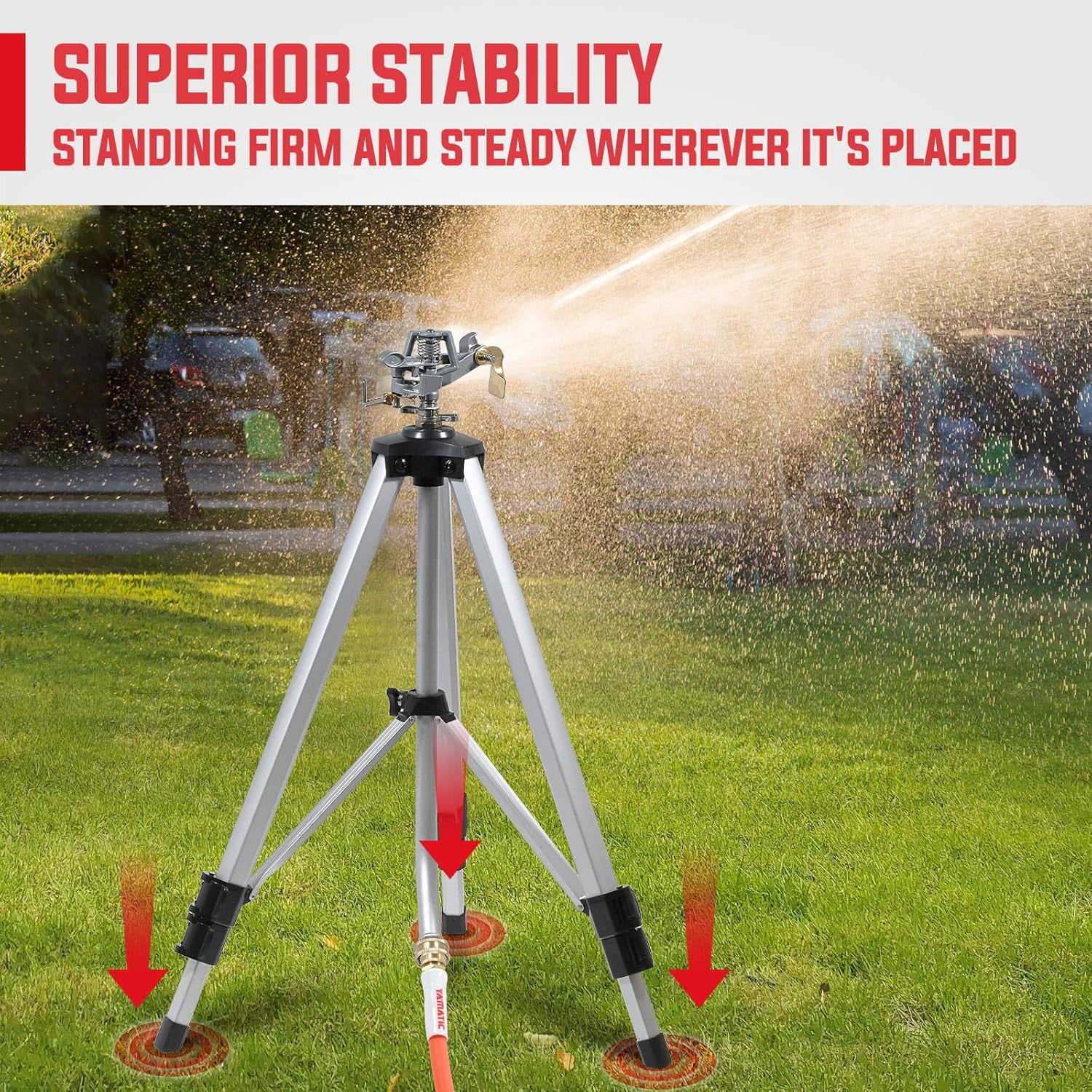 YAMATIC Impact Sprinkler with Adjustable Tripod Base, 360° Rotation, 20-90ft Spray Range for Lawn & Yard