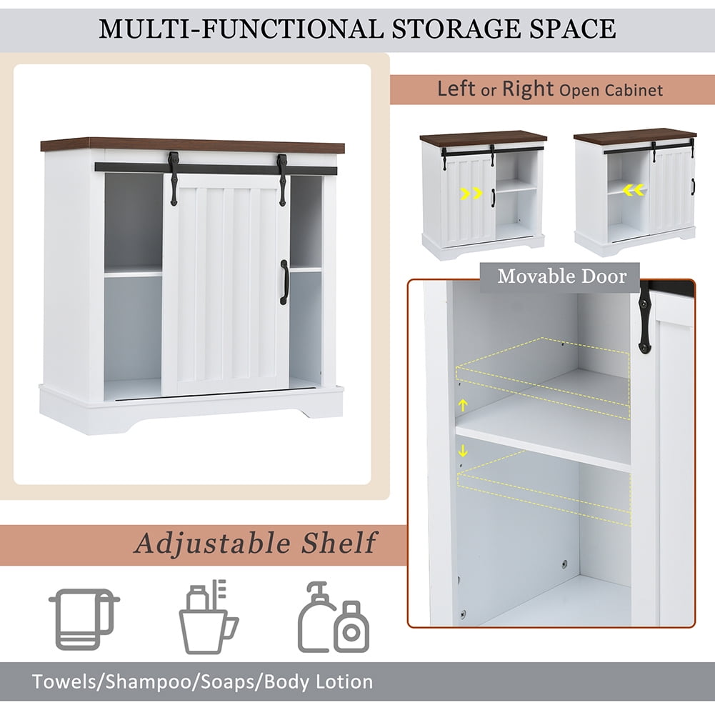 Resenkos Freestanding Bathroom Storage Cabinet,White Sliding Barn Door, Thick Top, Adjustable Shelf, White and Brown Resenkos Freestanding Bathroom Storage Cabinet,White Sliding Barn Door, Thick Top, Adjustable Shelf, White and Brown