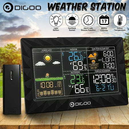 - DIGOO Super Thin Wireless Weather Station with Outdoor Sensor,HD LCD Color Screen Body Geometric Design For Rain Temperature Humidity Barometer Moon Phase Remote Sensor