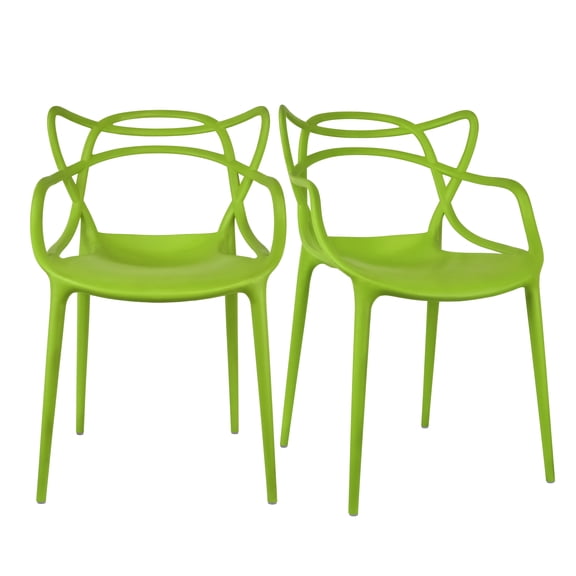 2xhome Set of 2 Modern Contemporary Designer Dining Chairs Molded Plastic Indoor Outdoor Patio Elbow Chairs, Green