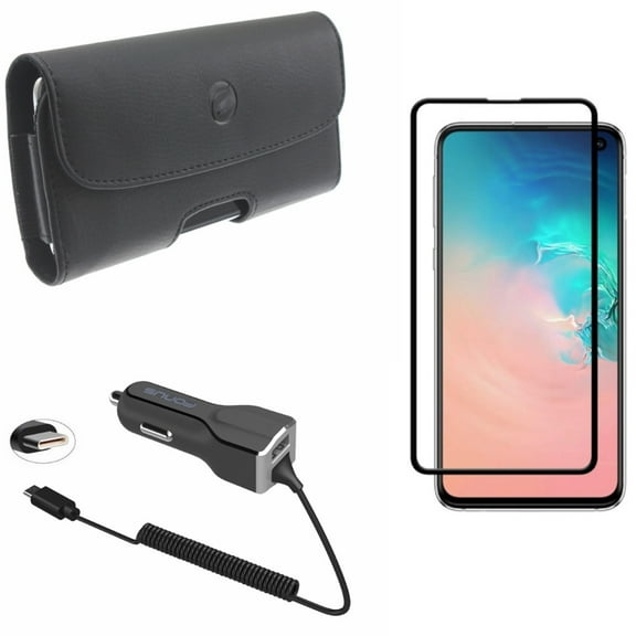 Galaxy S10e Screen Protector w Car Charger w Case Belt Clip - Tempered Glass 5D Curved Edge, 30W Type-C Power, Leather Holster Cover for Samsung Galaxy S10e Phone
