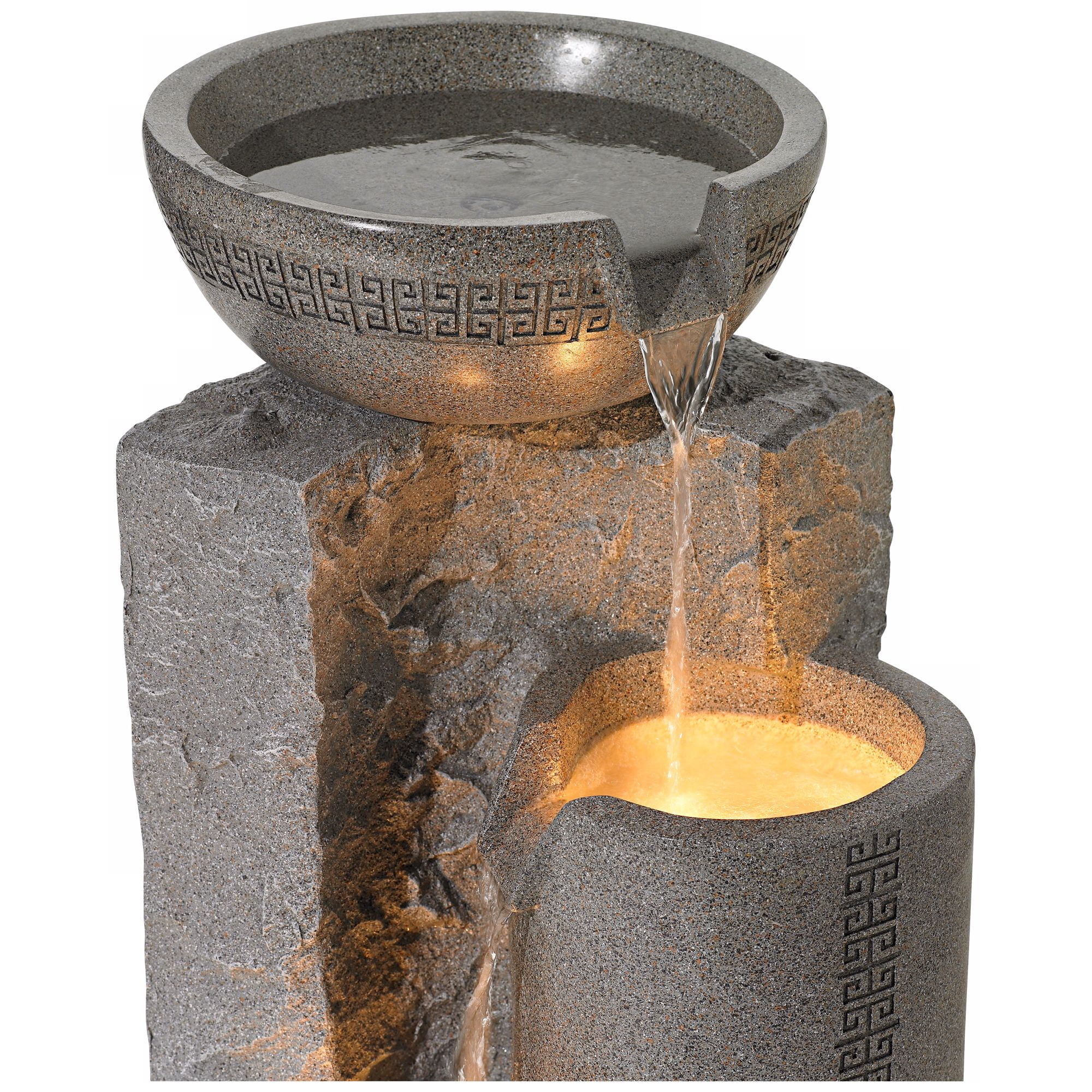 Bowl and Pillar 34 1/2" High Large Modern Zen Outdoor Decor Faux Stone Floor Fountain with Light LED Outside