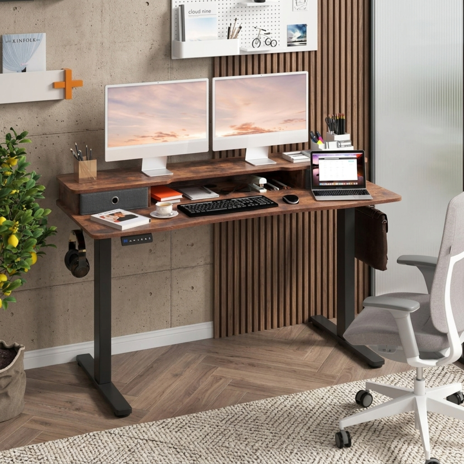 Furnibear 55 x 24 Inch Electric Height Adjustable Standing Desk with 2 Fabric Drawers Monitor Shelf and Cable Management for Home Office, Brown