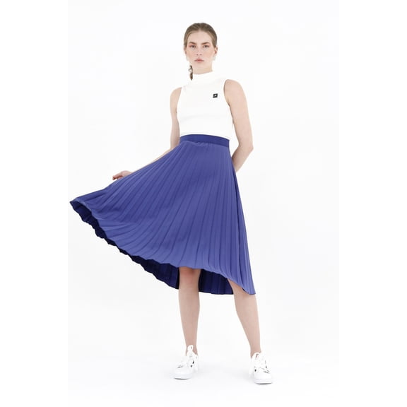 Indigo Pleated Skirt High Waist Elastic Waist Band Midi Skirt