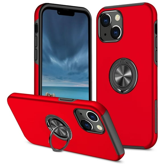 SZMLOGB Phone Case for iPhone 13 (6.1") with Ring Holder Shock Resistant Scratch Resistant PC Silicone Heavy Duty Protective Case-red