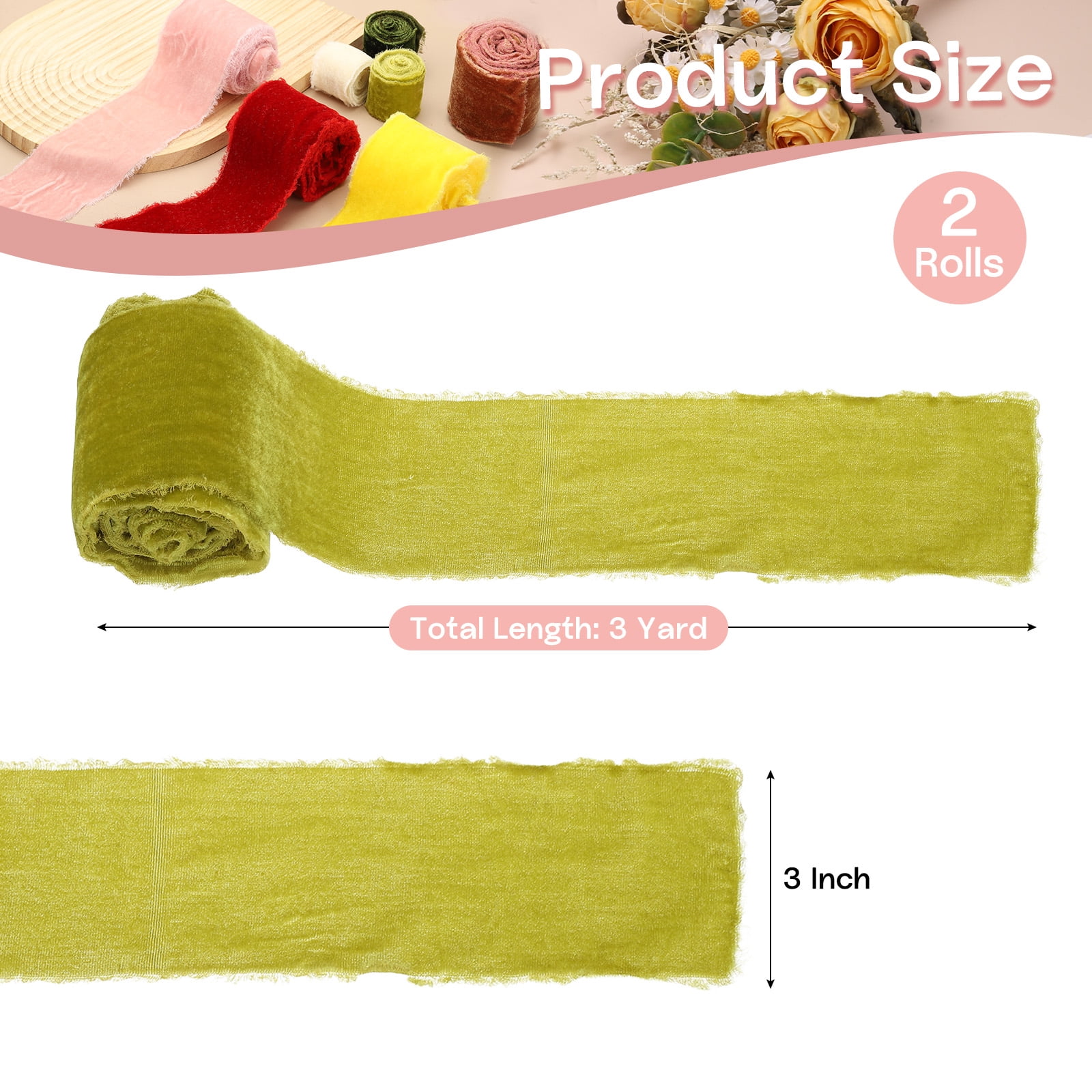 Uxcell 2 Roll Velvet Ribbon, 3 Inch x 3 Yard Handmade Silk Fringe Frayed Ribbon for Wedding Decoration, Green