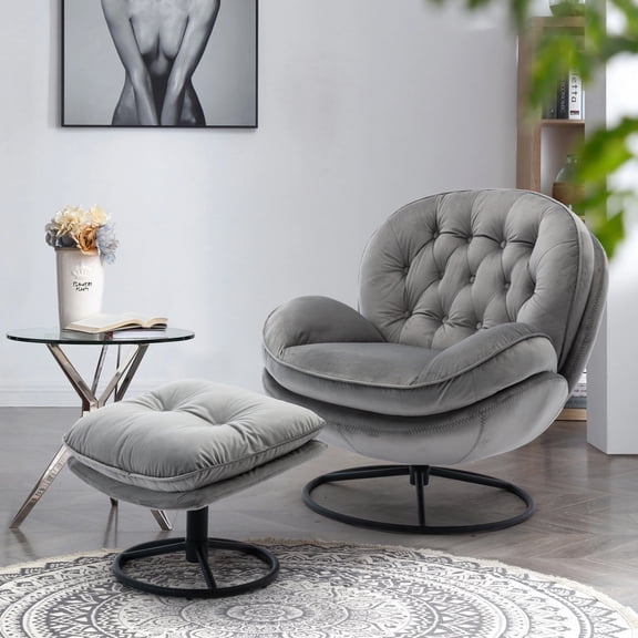 Swivel Chair with Ottoman Set, Velvet Tufted Upholstered Accent Chair, Single Sofa Chair with 360 Degree Metal Base for Living Room, Bedroom, Home Office, Gray