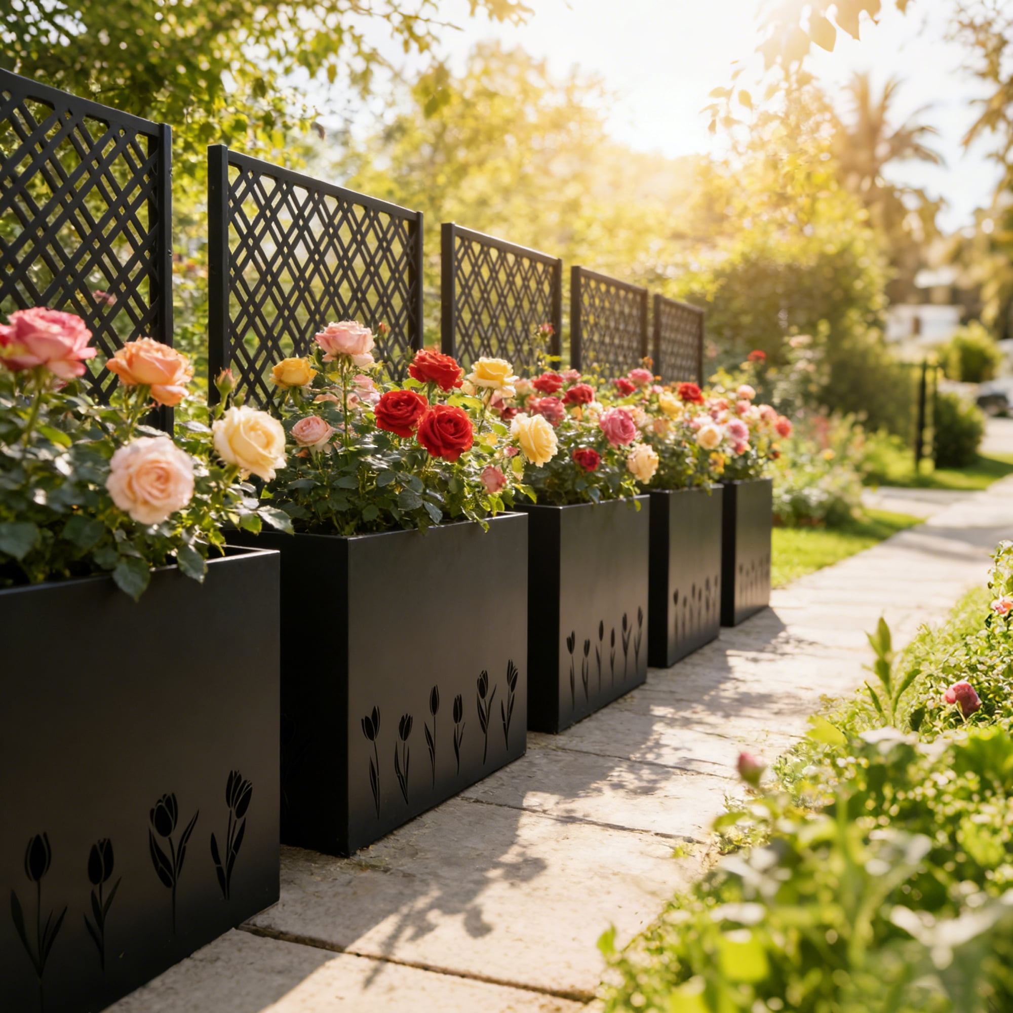 Tall Metal Planter Raised Garden Bed with Trellis, 35.5x11.9x47.3 Inch Flower Box for Patio Garden, Tulip Black