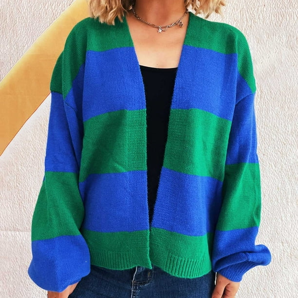 Suéter de cuello en V para mujer, manga larga, cuello en V, rayas en contraste, suéter informal holgado, cárdigan, top de poliéster para mujer