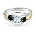 thumbnail image 2 of Gem Stone King 925 Sterling Silver and 10K Yellow Gold Round Sky Blue Aquamarine and Black Onyx 3 Stone Ring for Women (0.94 Cttw, Size 6), 2 of 3