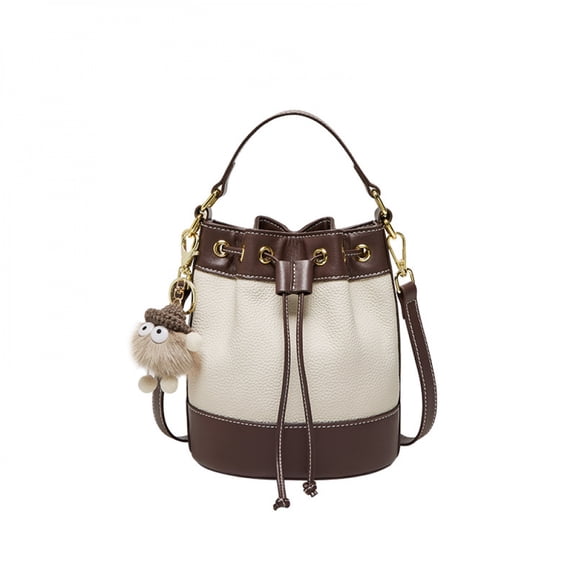 Women's Bucket Color-Block Genuine Leather Shoulder Bag, Off-White, Brown
