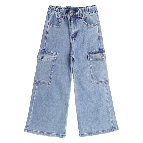 KIDSCOOL SPACE Various Colors Toddler & Big Child Wide-leg Cargo Jeans, 18M-14T Ribbed Waist Denim Pants,Light Blue,6-7 Years