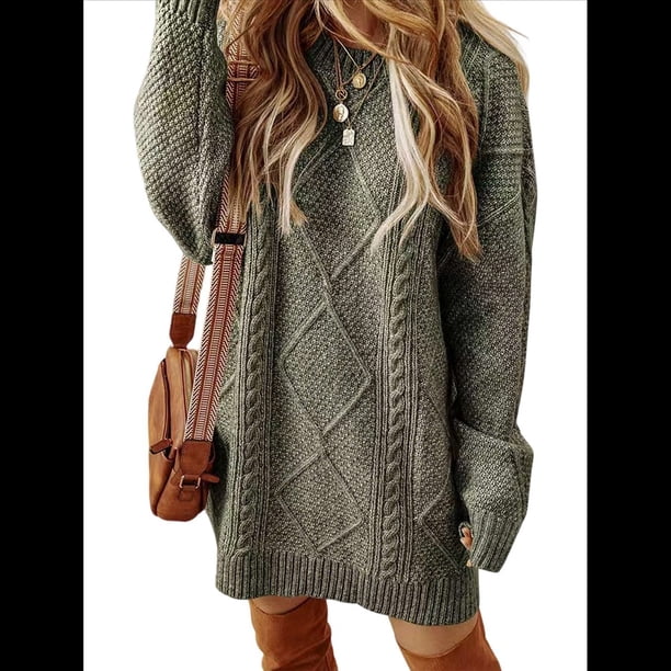 Vestido Minisuéter Holgado de Larga con Cuello Redondo y Punto para Mujer, Estilo Informal, para Otoño e Invierno. Verde L