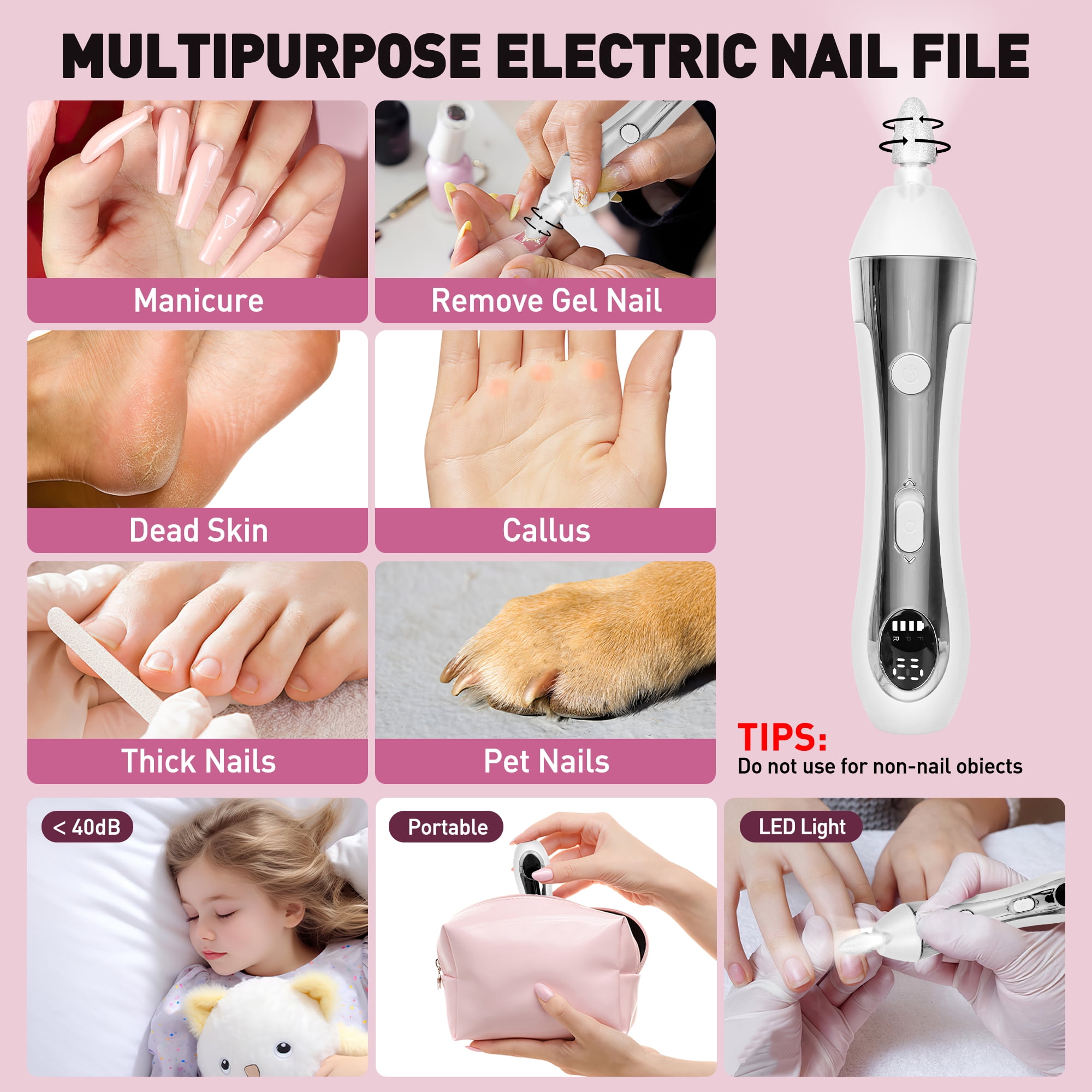 CshidWorld Cordless Electric Nail File, 10-Speed Nail Drill Kit with LED Light, Professional Portable Manicure Pedicure Tool for Thick Nails, Hand & Foot（White）