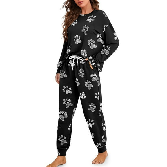 DISNIMO Dog Paw Print Women 2 Piece Pajama Sets Loose Fit Sleepwear Long Sleeve Top and Long Pants Sets Comfy Round Neck Loungewear Nightwear, S