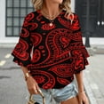 thumbnail image 3 of Paisley Pattern Red On Black Background Bandana Women's V-Neck Blouse With 3/4 Ruffled Bell Sleeves Casual Top Ladies Blouses, 3 of 7