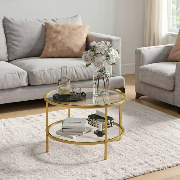 Spaco 26" Round End Table with Steel Frame, Side Table with Storage, 2-Tier Tempered Glass Coffee Table for Indoor as Living Room, Bedroom, Gold