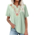 thumbnail image 2 of Dagegui Women's Summer T-Shirts Cotton Linen Short Sleeve Notch V Neck Shirts Casual Loose Fit T Shirt Trendy Mexican Embroidered Blouses Time Limited Sale ZD Green 2XL, 2 of 5