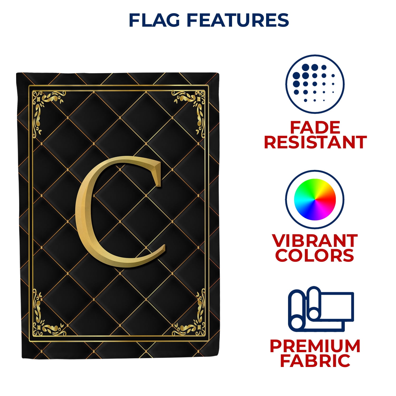 America Forever Monogram C House Flag, 28 x 40 inch Double Sided, Black Gold Quilted Design, Decorative Letter C Flag, Elegant Monogrammed Banner, Personalized Initial Outdoor Decor, Yard Flag