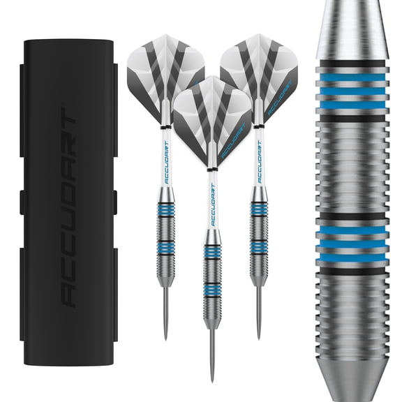 Accudart Steel Tip Dart Set 2.0 - Stainless Steel Finish Barrel - Radial Grooves For Various Grip Options - Polycarbonate Shafts - Standard Shape Flights - Tri Fold Case With Front and Back Entry