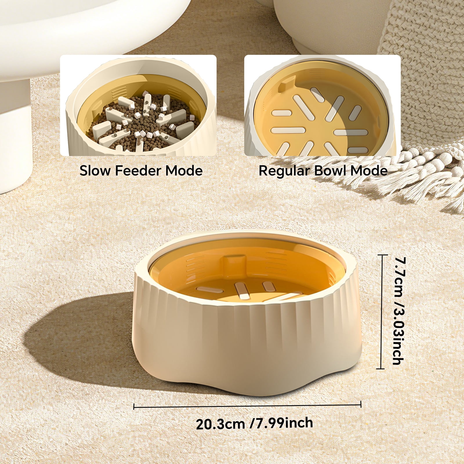 Pet Slow Feeding Bowl, Anti-Choking Bowl Switchable Anti-Slip Anti-Spill Dish for Dogs and Cats, White