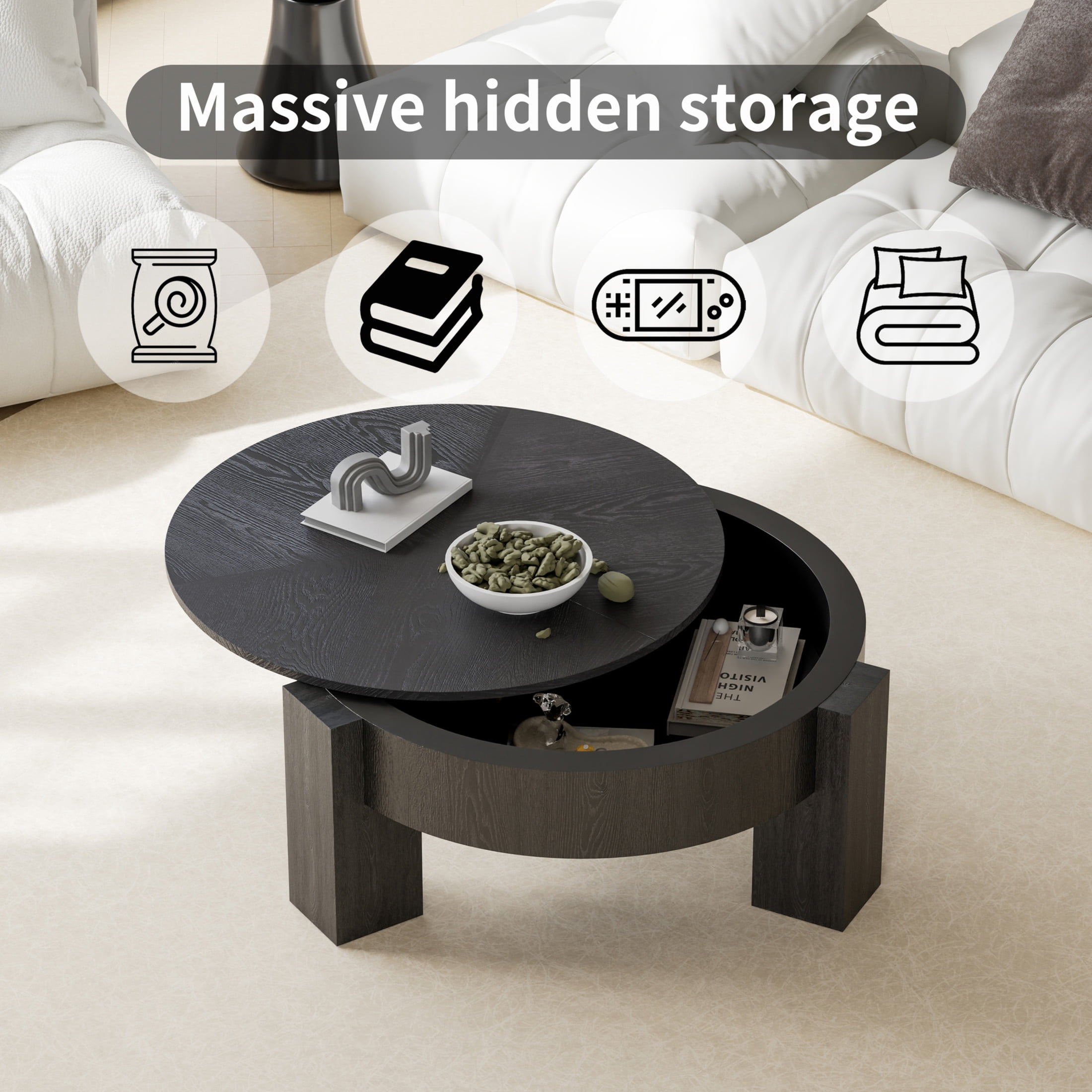 Noble House Lira 33" Round Coffee Table with Hidden Storage, Sturdy Accent Table for Living Room, Small Space, Black