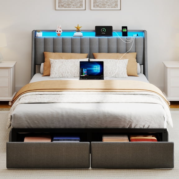 Leumius Queen Size Bed Frame with RGB LED Lights and Charging Station, Upholstered Platform Bed with 2 Underbed Drawers and Storage Headboard for Teen and Adult Grey