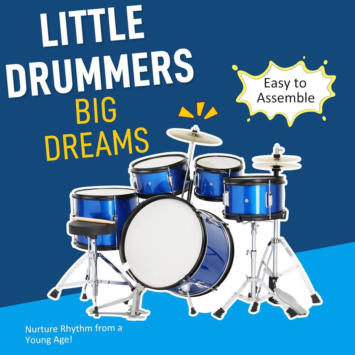 5-Piece Complete Junior Drums Set, 14 Inch Beginners Drum Kit with Throne Stool, Pedal & Drumsticks, Drums Musical Instruments W/Cymbal, Hi-Hat, Floor, Tom and Snare Drum 16"x11" Dark Blue