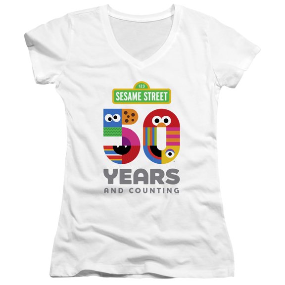 Sesame Street 50 Years Logo Junior Women's T-Shirt V-Neck White
