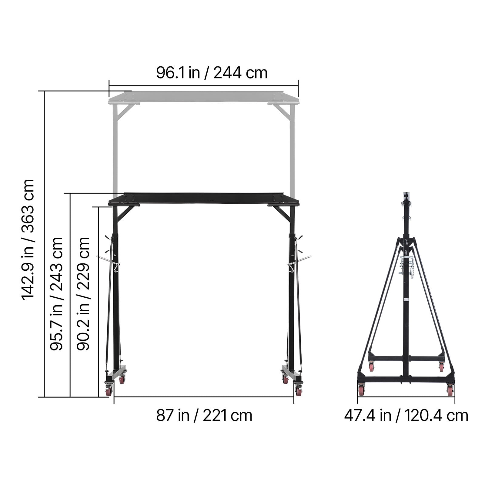 KFFKFF Adjustable Gantry Crane, 2200 lbs Load Capacity, Portable Shop Hoist with Adjustable Height Range of 95.7" to 142.9", Lockable Wheels, Durable Steel Frame for Workshops, Warehouses
