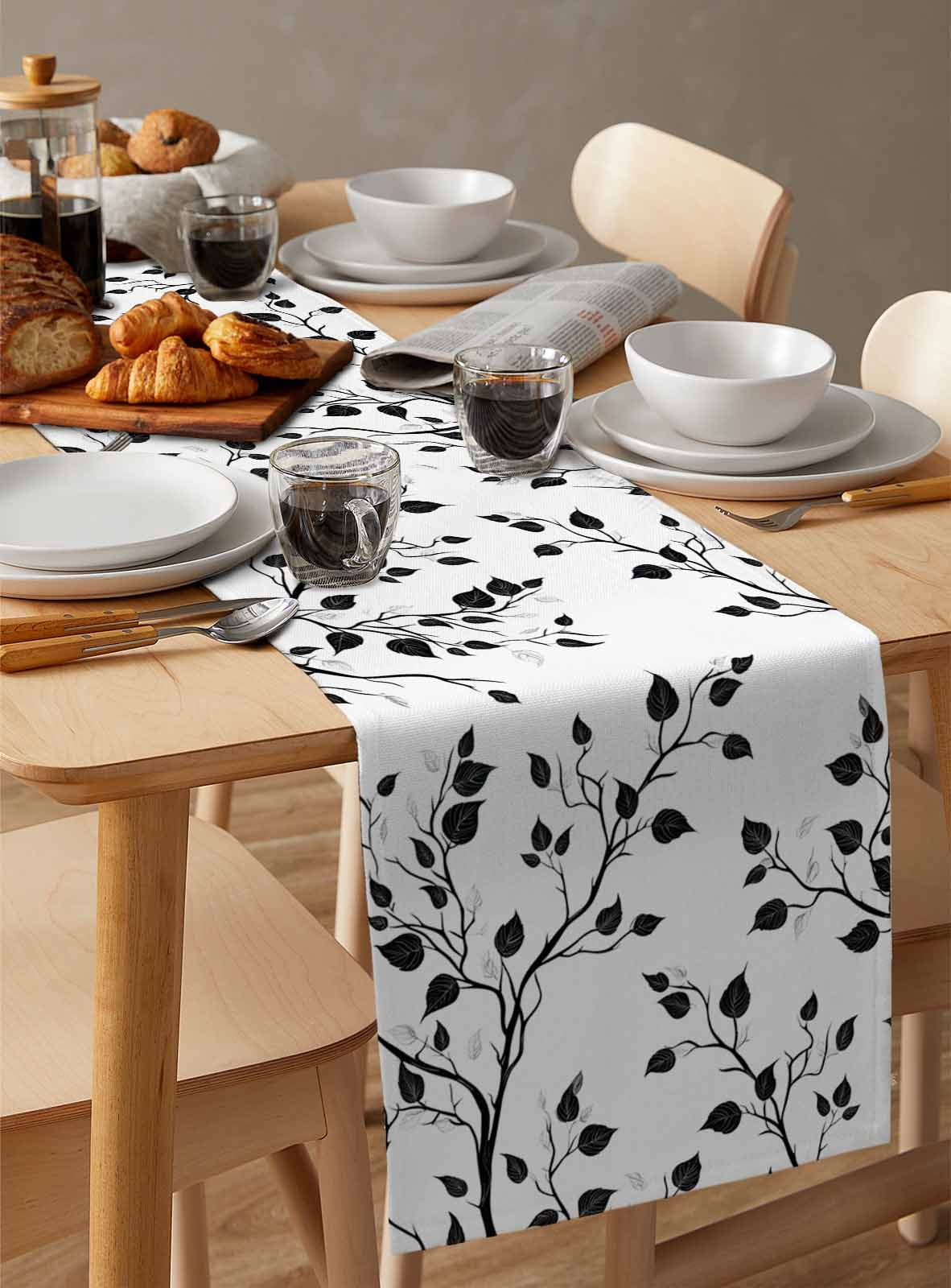 Black White Leaves Table Runner Minimalist Natural Trees Watercolor Tablerunners 13 x 90 Inch, Table Decorations Tabletop Scarf for Summer Gathering Holiday Farmhouse Kitchen Dining Decor