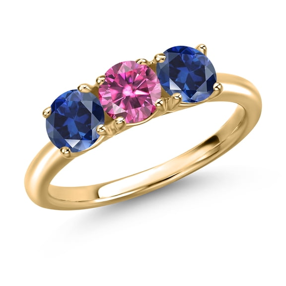 Gem Stone King 10K Yellow Gold Pink Moissanite and Blue Created Sapphire Engagement Ring for Women | 1.70 Cttw | Round 5MM | Gemstone Birthstone | Size 8