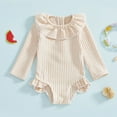 thumbnail image 2 of Toddler Khaki Girl Rash Guard Swimsuits Striped Ruffle Long Sleeve Sun Protection Summer Bathing Suits 2-3 Years, 2 of 4