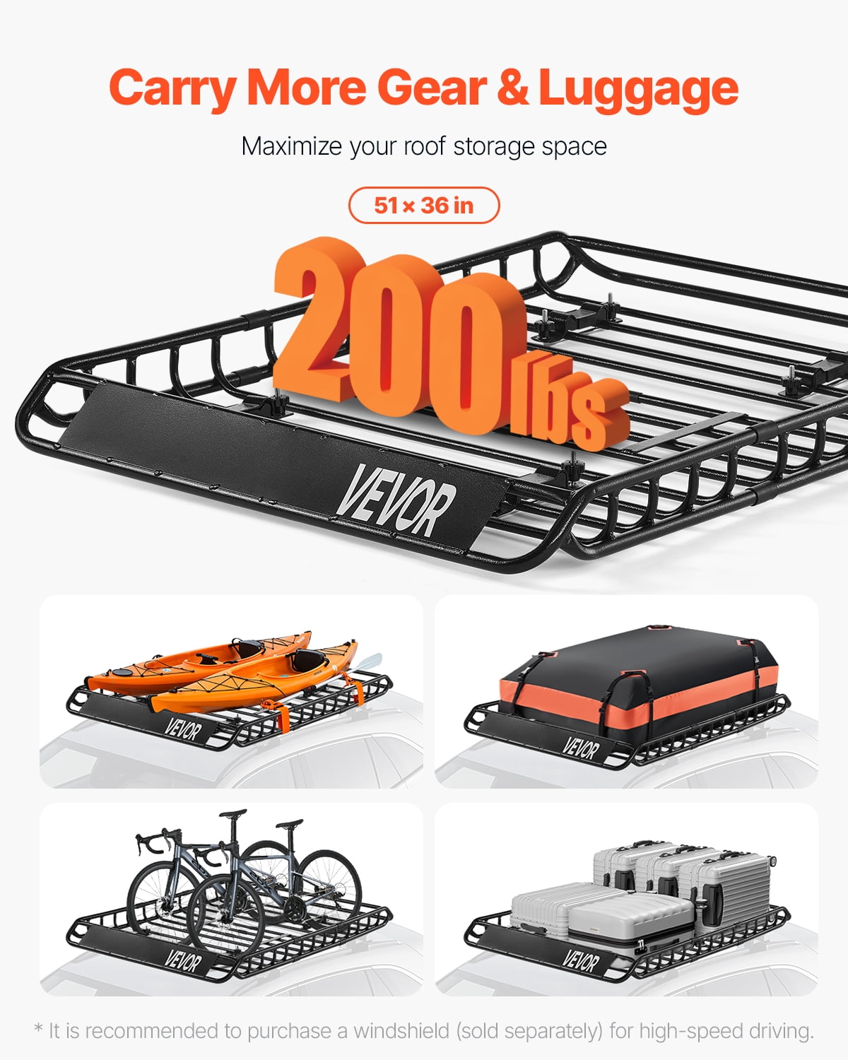 VEVOR Roof Rack Basket, 51 x 36 x 4.1 in, Universal Rooftop Cargo Carrier with 1120 x 870 x 260 mm Cargo Bag, Net, Ratchet Straps, 200 lbs Max Load Capacity Car Top Luggage Holder