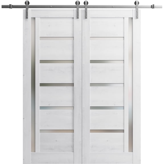 Sturdy Double Barn Door 48 x 96 inches | Quadro 4088 Nordic White with Frosted Glass | 13FT Rail Hangers Heavy Set | Solid Panel Interior Doors