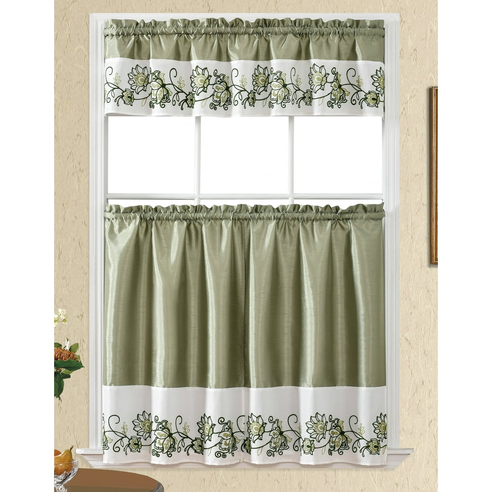 3pc Rod Pocket Embroidered Kitchen Curtains And Valances Set Swag