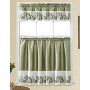 3pc Rod Pocket Embroidered Kitchen Curtains And Valances Set Swag Curtains & Tier Set 36 Inch Length Olive Flower With Hunter Green Embroidery Trim