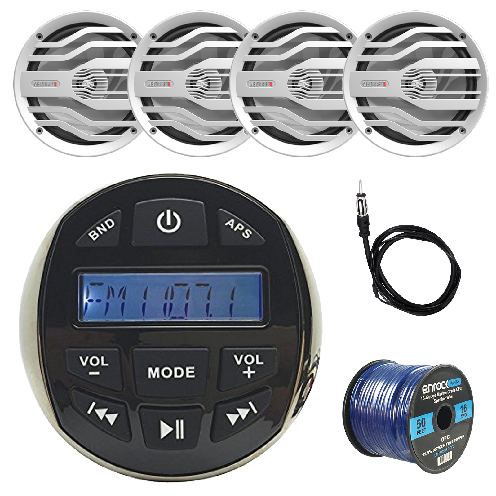 DS18 Waterproof Marine Stereo Receiver Radio, 4x White Boat 6.5