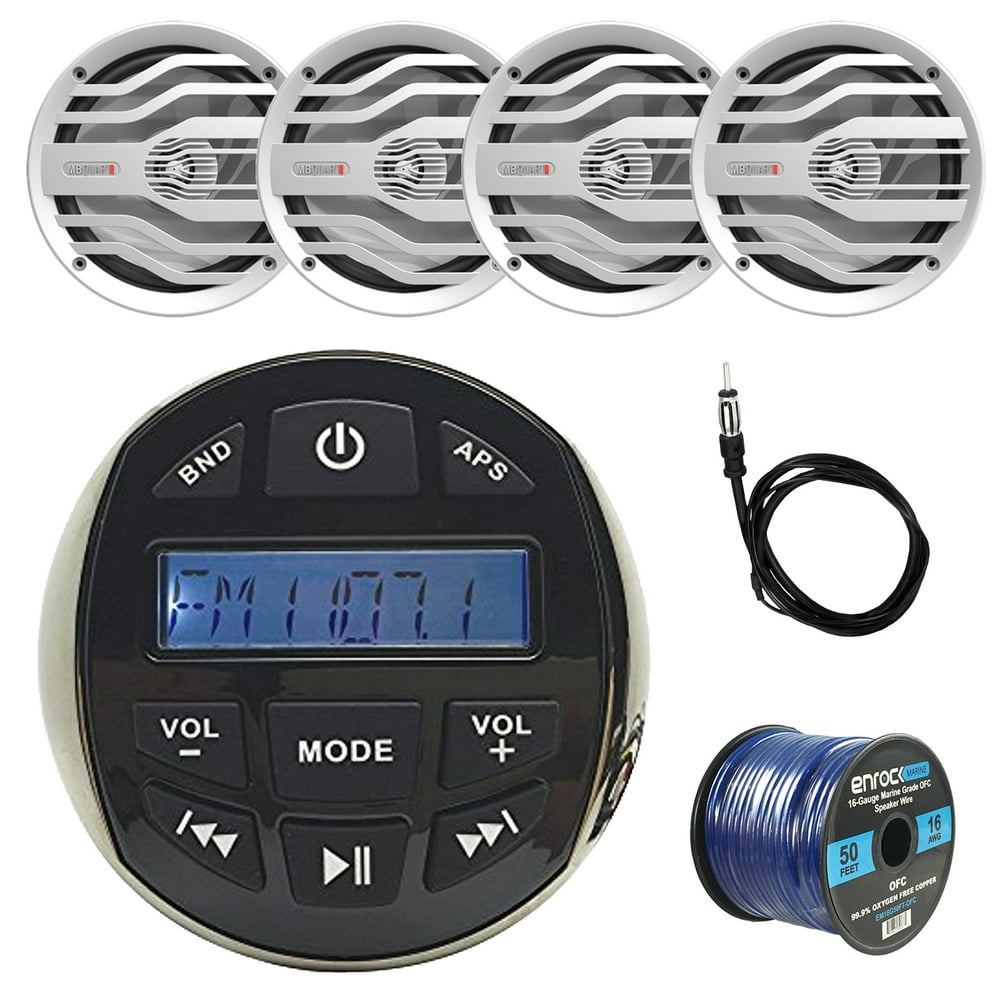 DS18 Waterproof Marine Stereo Receiver Radio, 4x White Boat 6.5" Speakers w/ RGB LED Lights