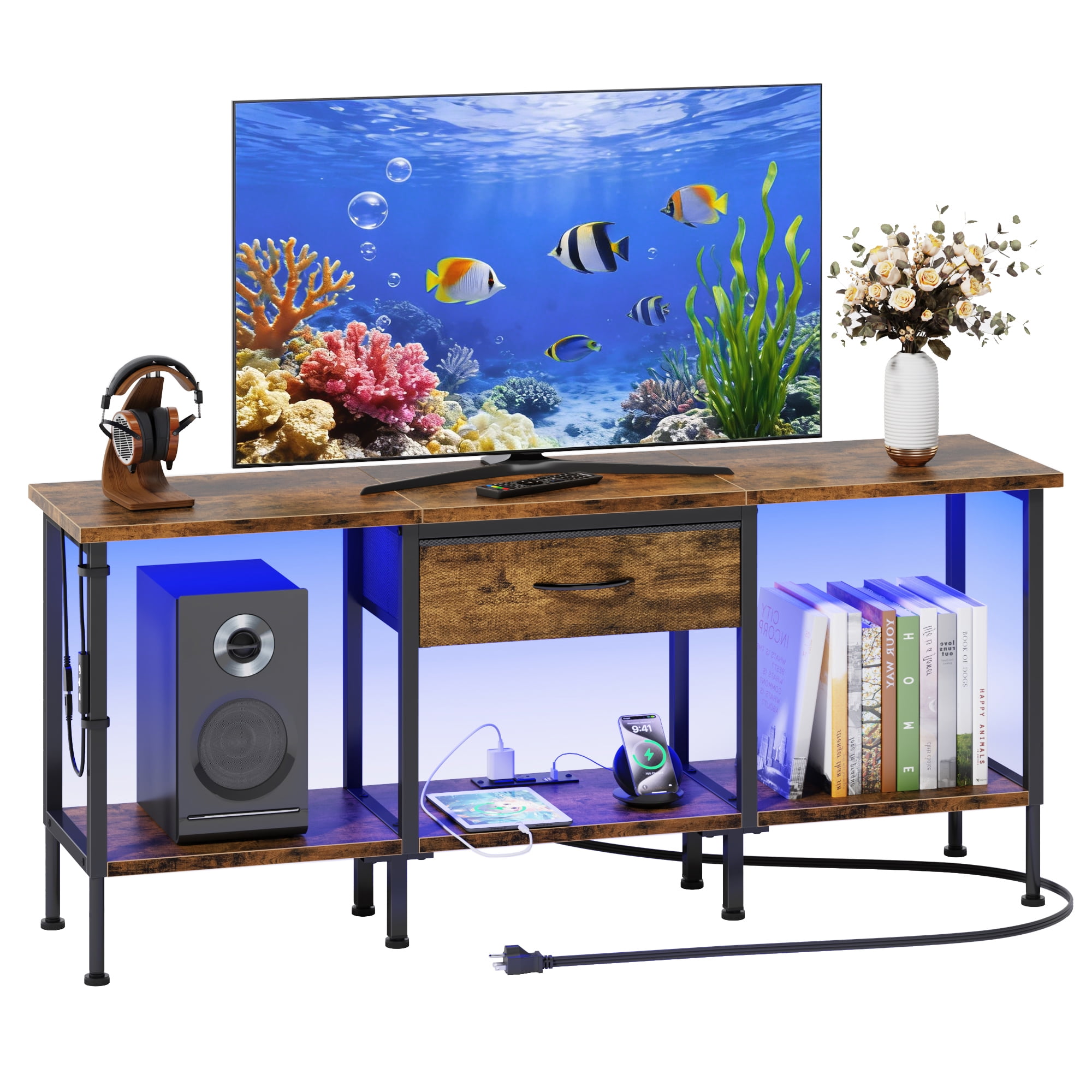 GYIIYUO 55 inch TV Stand with LED Lights, Power Outlets & Fabric Drawer, Rustic Brown Entertainment Center with Storage for Living Room, Bedroom