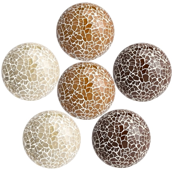 Mosaic Glass Decorative Balls 6 Pack, 2.4 inch Crackle Design Sphere Ornaments, Handcrafted Mirror Ball Set, Home Garden Party Table Centerpiece Decor in Brown Gold White