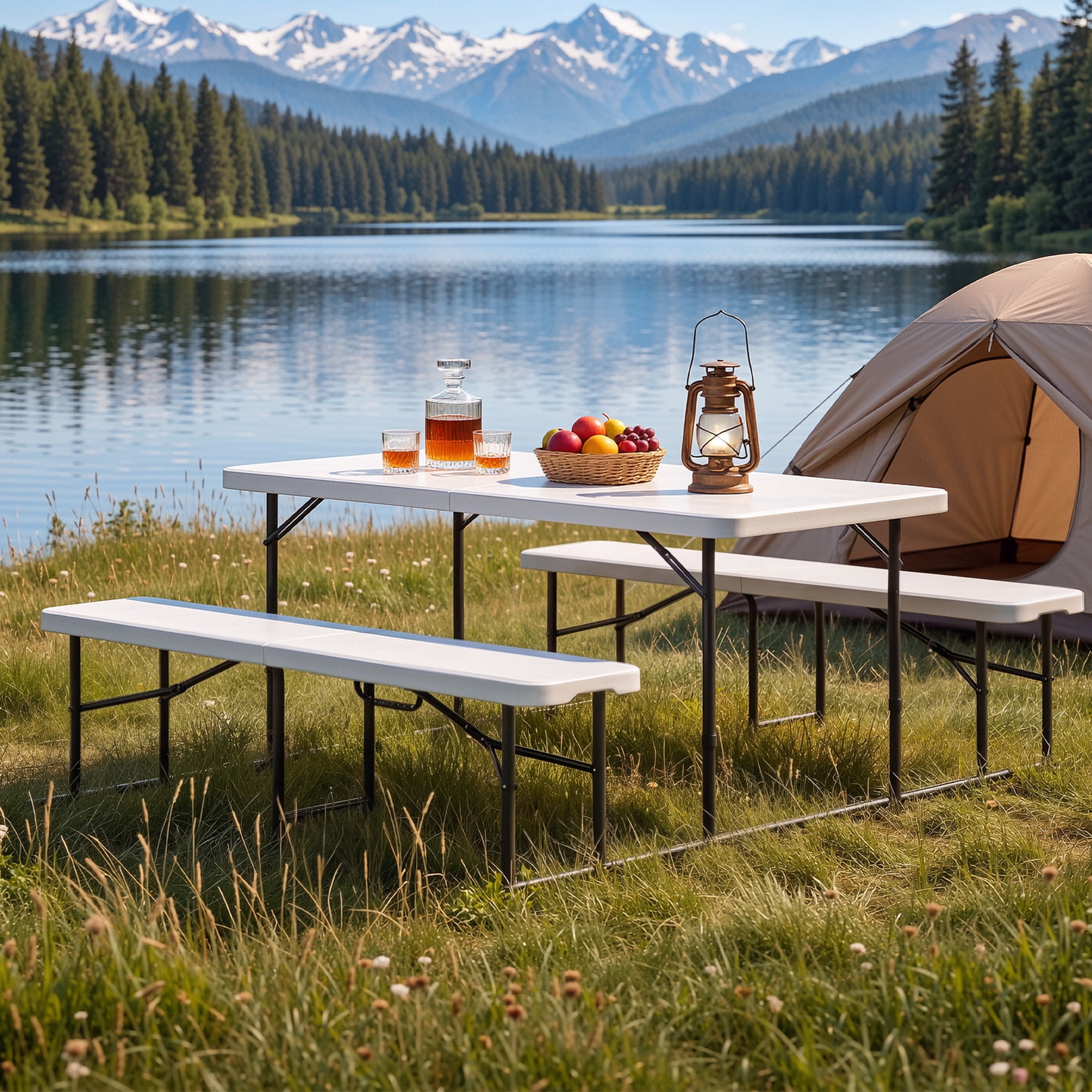 Uforic 4.5' Folding Picnic Table with Benches, HDPE Top & Iron Frame, Portable for Camping Backyard White