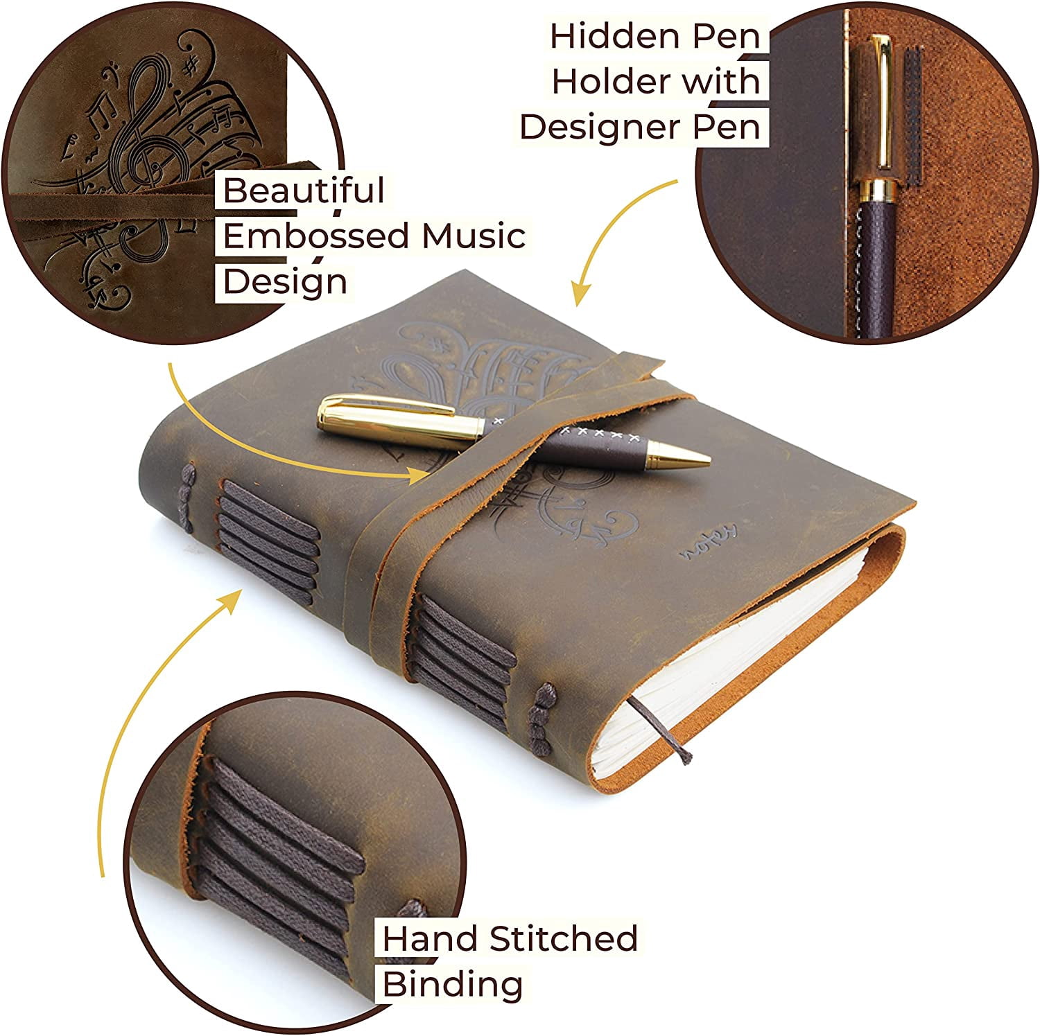 Leather Bound Journal for Men and Women, Handmade Gift Set with Music Notes Embossed Journal and Stylish Pen, Vintage and Classic, Notebook, Sketchbook, Planner and Diary (300 Pages) (8x6")