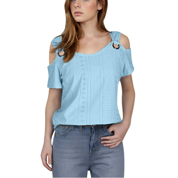 Jewelreauty Cold Shoulder Tunic Tops for Women Casual V Neck Eyelet Blouses Summer Loose Shirts