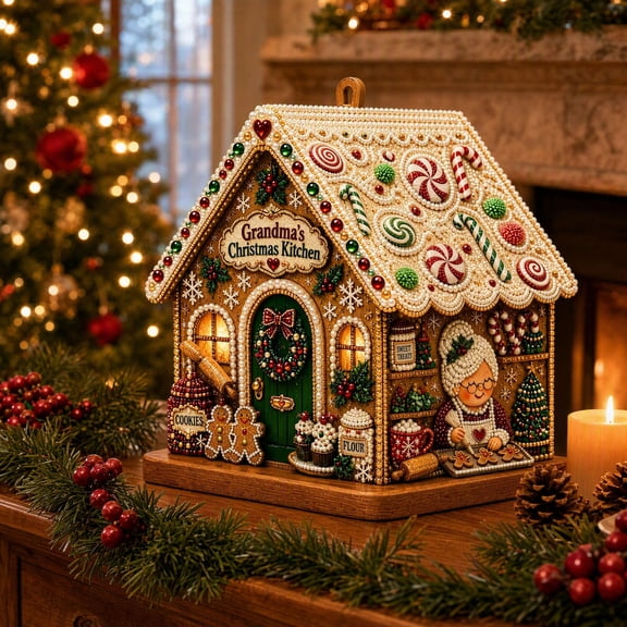 3D Wooden Christmas Diamond Gingerbread House Art Craft Set, Cute Christmas Pattern Design with Saprkling Diamond & Pearls Beads DIY Candy House Kit for Adults Home Holiday Table Shelf Mantel Decor