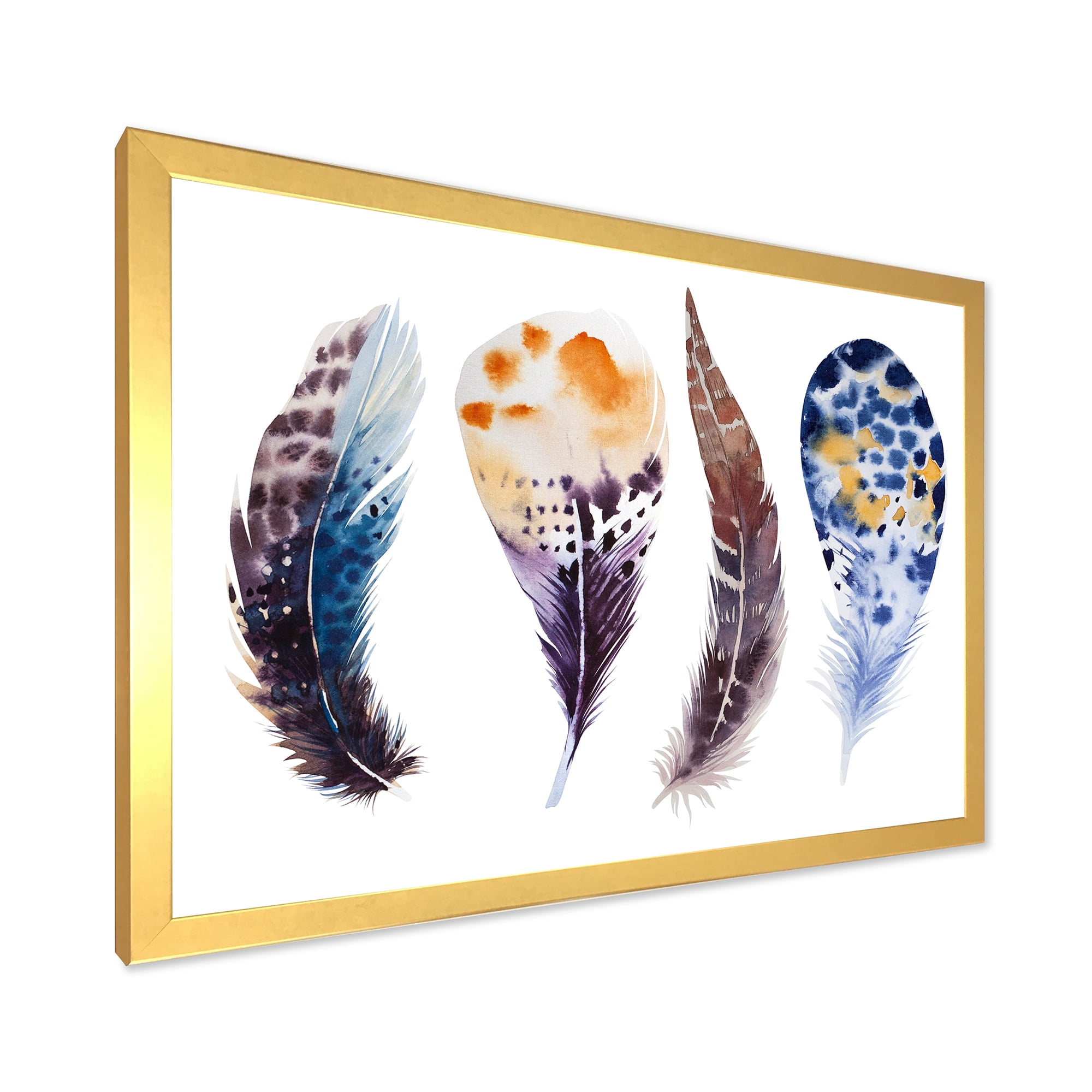 Designart 'Colourful Boho Feather Set On White VIII' Bohemian & Eclectic Framed Art Print
