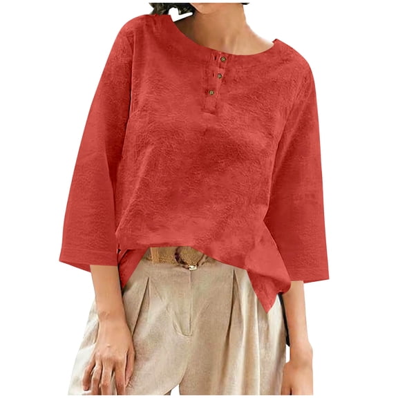Enjoytime Button Down Shirts for Women Solid Color Round Neck 3/4 Sleeve Tops Spring Summer Loose Casual Blouses Red S